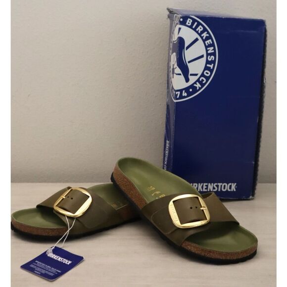 Birkenstock Womens Sz 38 US 7 Olive Green Leather Madrid Big Buckle Sandals - Picture 1 of 14